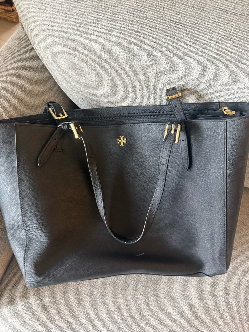 Tory Burch Black Leather Double-Handle Tote with Gold Hardware